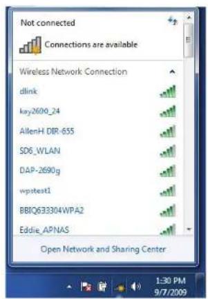 Not connected Connections are available Wireless Network Connection dlink key2600_24 AllenH DIR-655 SD6_VLAN DAP-2690g wpstest1 BBIQ633304WPA2 Eddie_APNAS Open Network and Sharing Center 1:30 PM 9/7/2009