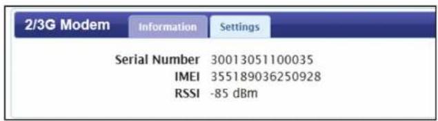 2/3G Modem Information Settings Serial Number 30013051100035 IMEI 355189036250928 RSSI -85 dBm