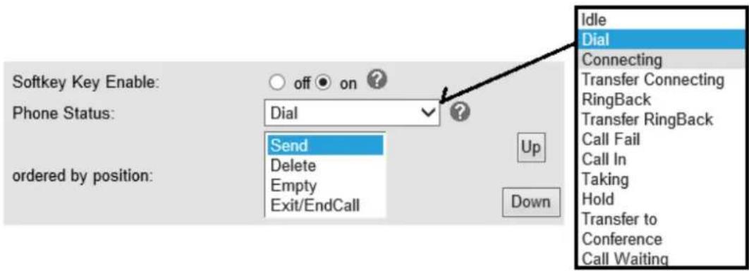 Softkey Key Enable: Phone Status: ordered by position: off on Dial Send Delete Empty Exit/EndCall Up Down Idle Dial Connecting Transfer Connecting RingBack Transfer RingBack Call Fail Call In Taking Hold Transfer to Conference Call Waiting