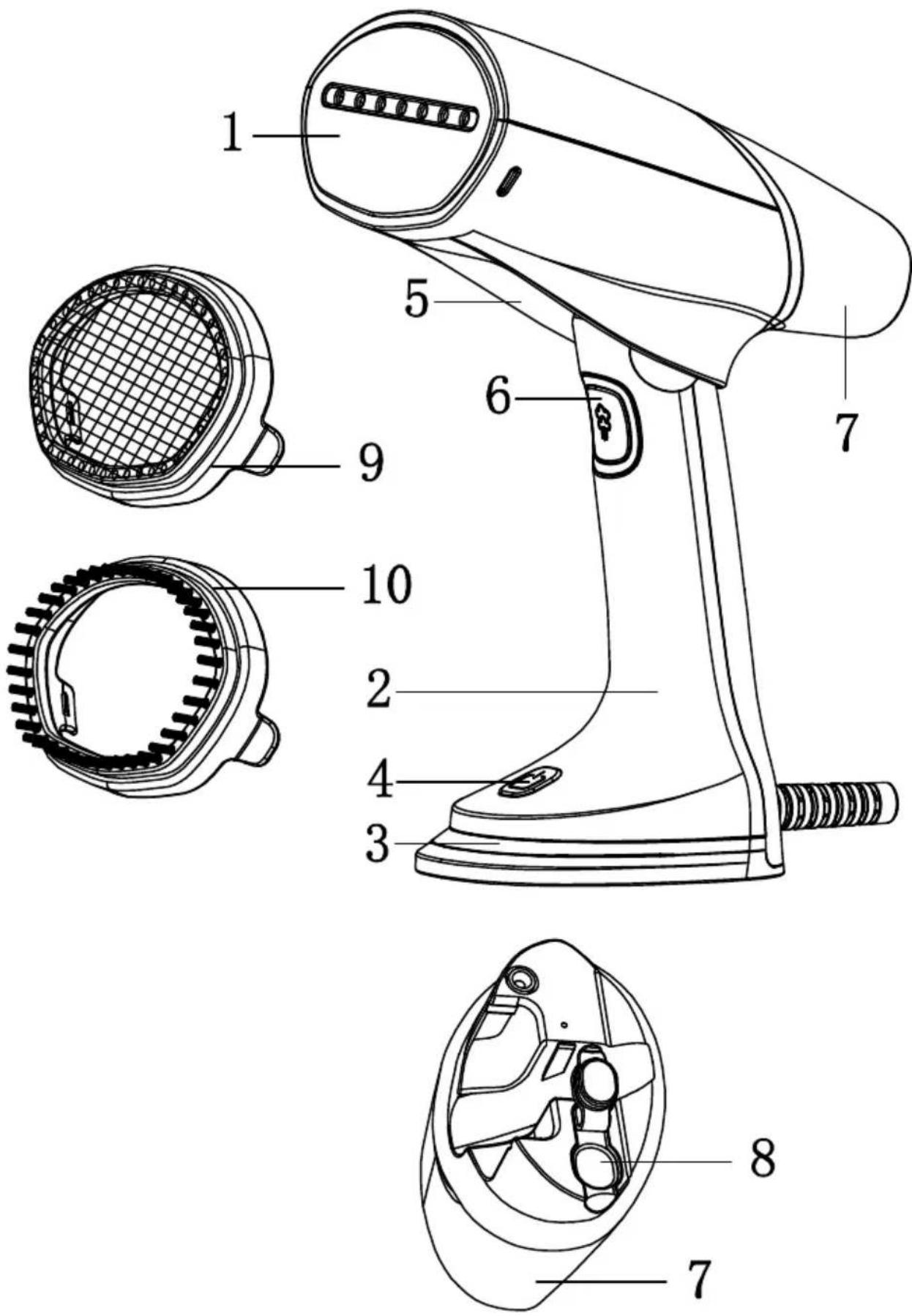 Technical diagram of a hair dryer with labeled parts including mesh covers, gears, and adjustment knobs