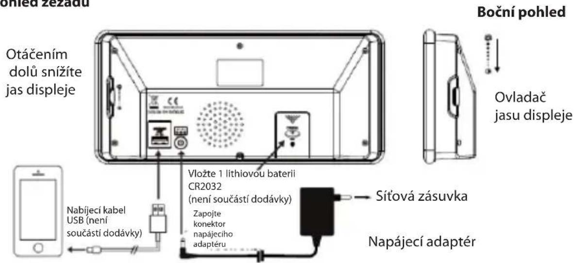 Obléd zezadu Otáčením dolů snížíte jas displeje Vložte 1 lithiovou baterii CR2032 (není součástí dodávky) Zapojte konektor napájecího adaptéru Nabíjecí kabel USB (není součástí dodávky) Sítová zásuvka Napájecí adapter Boční pohled Ovladač jasu displeje