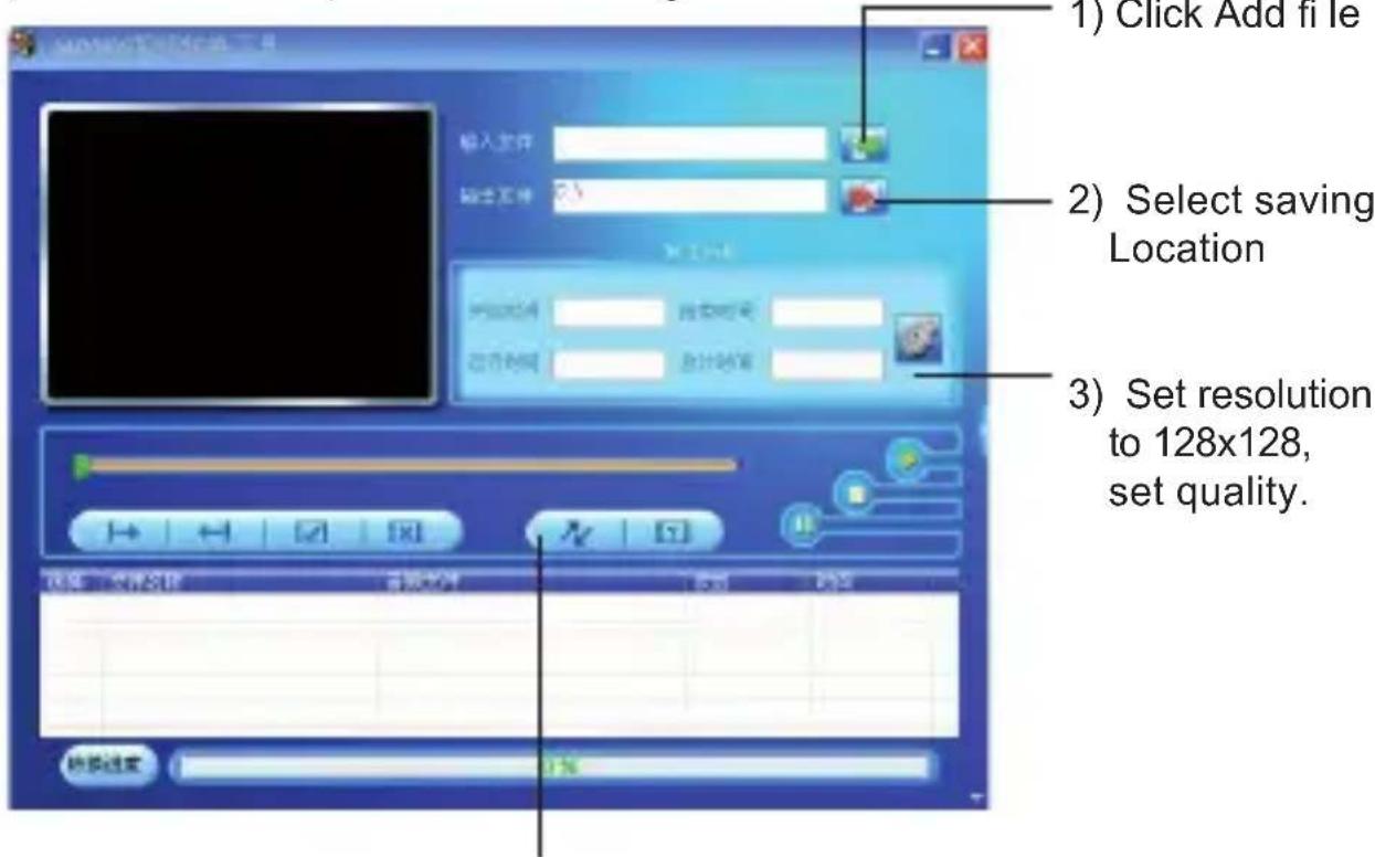 1) Click Add file 2) Select saving Location 3) Set resolution to 128x128, set quality.