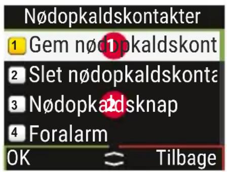 Nødopkaldskontakter 1 Gem nødopkaldskont 2 Slet nødopkaldskonta 3 Nødopkaådsknap 4 Foralarm OK
