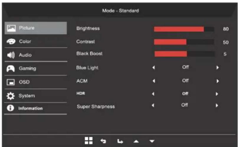 Mode - Standard Picture Color Audio Gaming OSD System Information Brightness 80 Contrast 50 Black Boost 5 Blue Light Off ACM Off HDR Off Super Sharpness Off