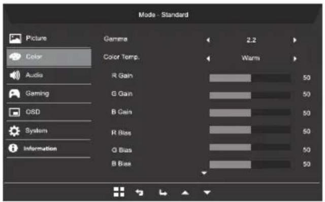 Mode - Standard Picture Color Audio Gaming QSD System Information Gamma 2.2 Color Temp. Warm R Gain 50 G Gain 50 B Gain 50 R Bias 50 G Bias 50 B Bias 50
