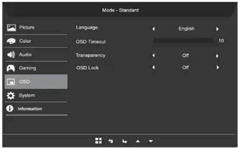 Mode - Standard Picture Color Audio Gaming OSD System Information Language OSD Timeout Transparency OSD Lock English 10 Off Off