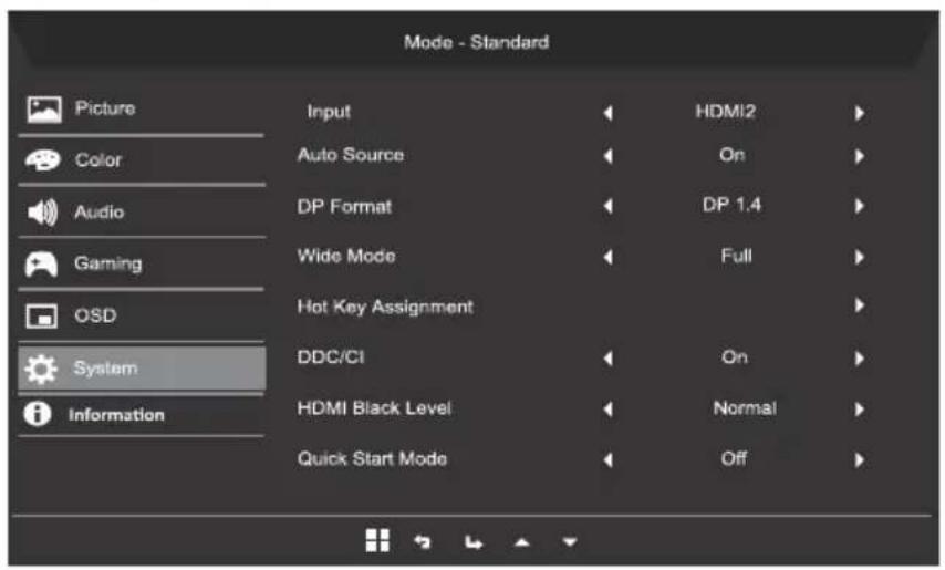 Mode - Standard Picture Color Audio Gaming OSD System Information Input Auto Source DP Format Wide Mode Hot Key Assignment DDC/CI HDMI Black Level Quick Start Mode HDMI2 On DP 1.4 Full On Normal Off
