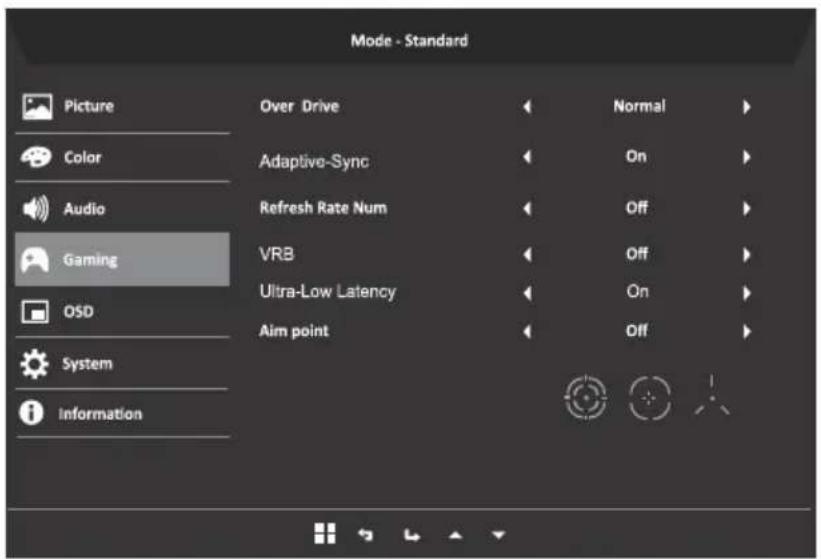Mode - Standard Picture Over Drive Normal Color Adaptive-Sync On Audio Refresh Rate Num Off Gaming VRB Off OSD Ultra-Low Latency On System Aim point Off Information