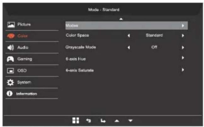 Mode - Standard Picture Color Audio Gaming OSO System Information Modes Color Space Standard Grayscale Mode Off 6-axis Hue 6-axis Satunate