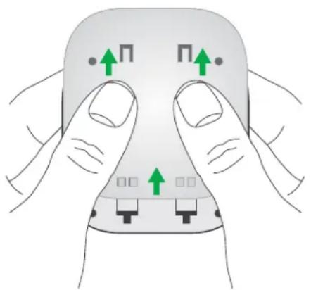 Diagram showing finger positioning of a device with green arrows indicating upward movement, labeled with symbols like '↑' and '□'