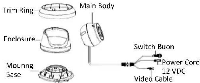 Trim Ring Enclosure Mouning Base Main Body Switch Buon Power Cord 12 VDC Video Cable