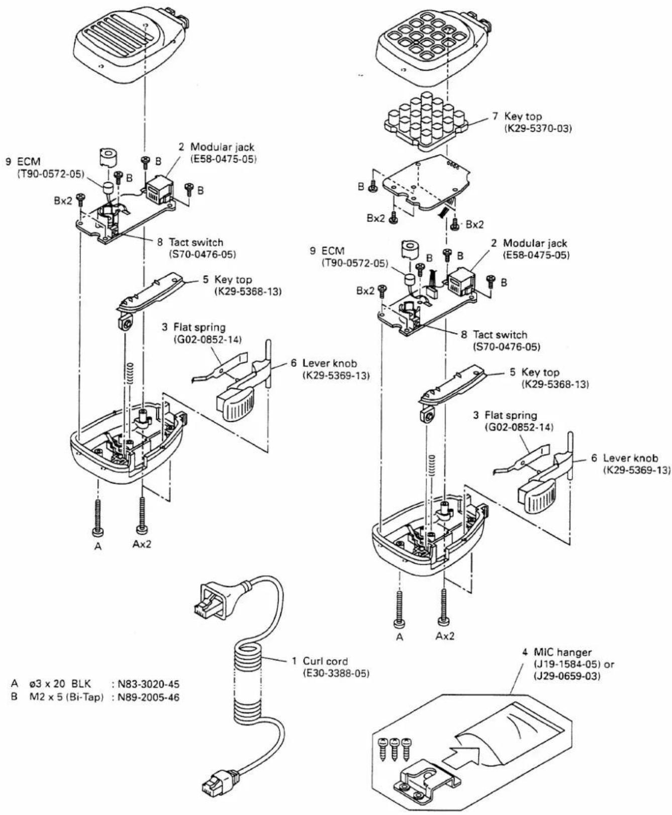 9 ECM (T90-0572-05) Bx2 8 Tact switch (S70-0476-05) 5 Key top (K29-5368-13) 3 Flat spring (G02-0852-14) 6 Lever knob (K29-5369-13) A Ax2 1 Curl cord (E30-3388-05) A φ3 x 20 BLK : N83-3020-45 B M2 x 5 (Bi-Tap) : N89-2005-46 7 Key top (K29-5370-03) B Bx2 8 Tact switch (S70-0476-05) 5 Key top (K29-5368-13) 3 Flat spring (G02-0852-14) 6 Lever knob (K29-5369-13) 4 MIC hanger (J19-1584-05) or (J29-0659-03)