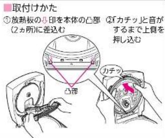 取付けかた ①放熱板の印を本体の凸部 (2ヵ所)に差込む 凸部 ②「カチッ」と音が するまで上側を 押し込む カチッ
