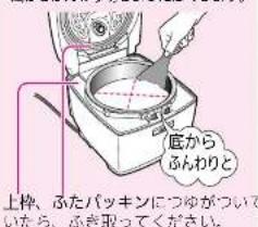 上榨、ふたパッキンにつゆがついて たら、ふき取ってください。