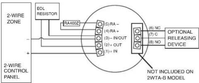 2-WIRE ZONE EOL RESISTOR RA400Z (5) RA - (4) RA + (3) - IN/OUT (2) + OUT (1) + IN 2-WIRE CONTROL PANEL (6) NC (7) C (8) NO OPTIONAL RELEASING DEVICE NOT INCLUDED ON 2WTA-B MODEL