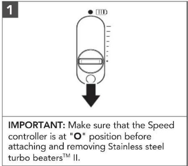 IMPORTANT: Make sure that the Speed controller is at "O" position before attaching and removing Stainless steel turbo beaters™ II.
