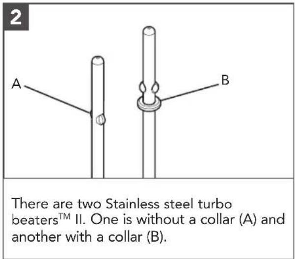 2 There are two Stainless steel turbo beaters™ II. One is without a collar (A) and another with a collar (B).