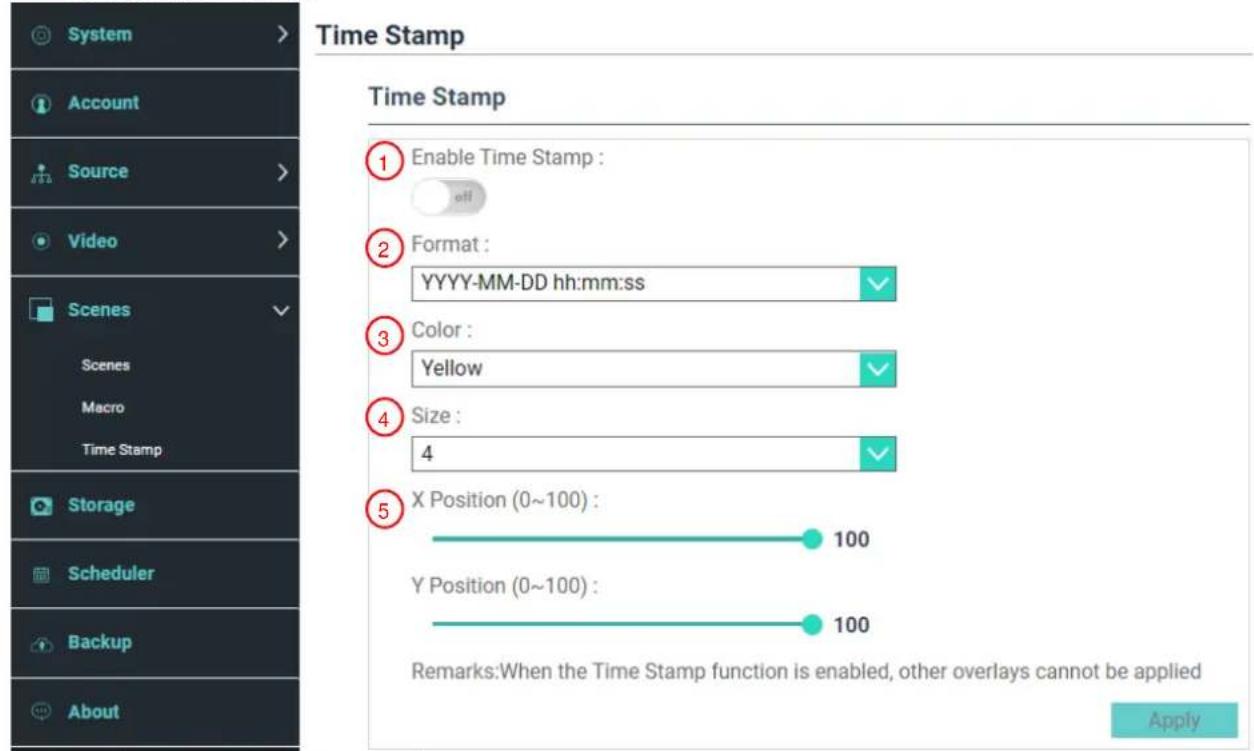 System Account Source Video Scenes Scenes Macro Time Stamp Storage Scheduler Backup About Time Stamp 1 Enable Time Stamp : 2 Format : 3 Color : 4 Size : 5 X Position (0~100) : Y Position (0~100) : Remarks:When the Time Stamp function is enabled, other overlays cannot be applied Apply