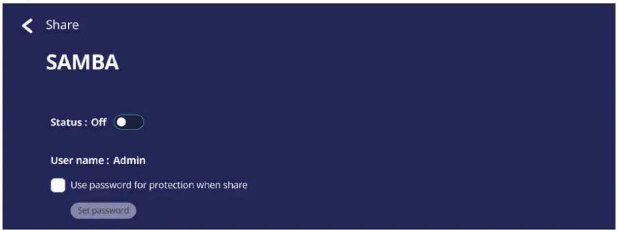 Share SAMBA Status : Off User name : Admin Use password for protection when share Set password