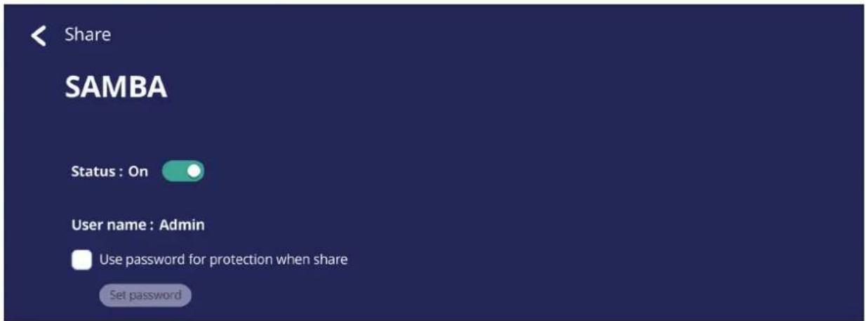 Share SAMBA Status : On User name : Admin Use password for protection when share Set password