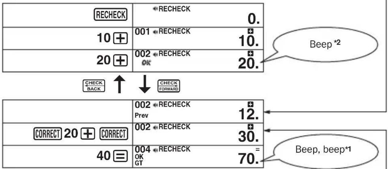 RECHECK 0. 10 + 001 RECHECK 10. 20 + 002 RECHECK OK 20. BEep *2 CHECK BACK ↑ ↓ CHECK FORWARD 002 RECHECK Prev 12. CORRECT 20 + CORRECT 002 RECHECK 30. 40 = OK GT 70. Beep, beep*1