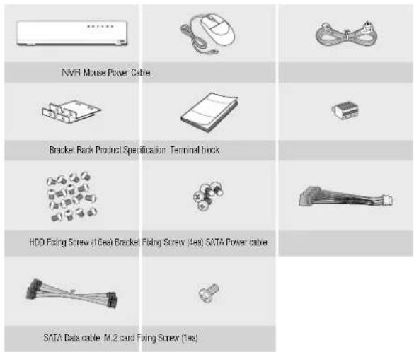 NVR Mouse Power Cable Bracket Back Product Specification Terminal block HDD Fixing Screw (16ea) Bracket Fixing Screw (4ea) SATA Power cable SATA Data cable M.2 cards Fixing Screw (1ea)