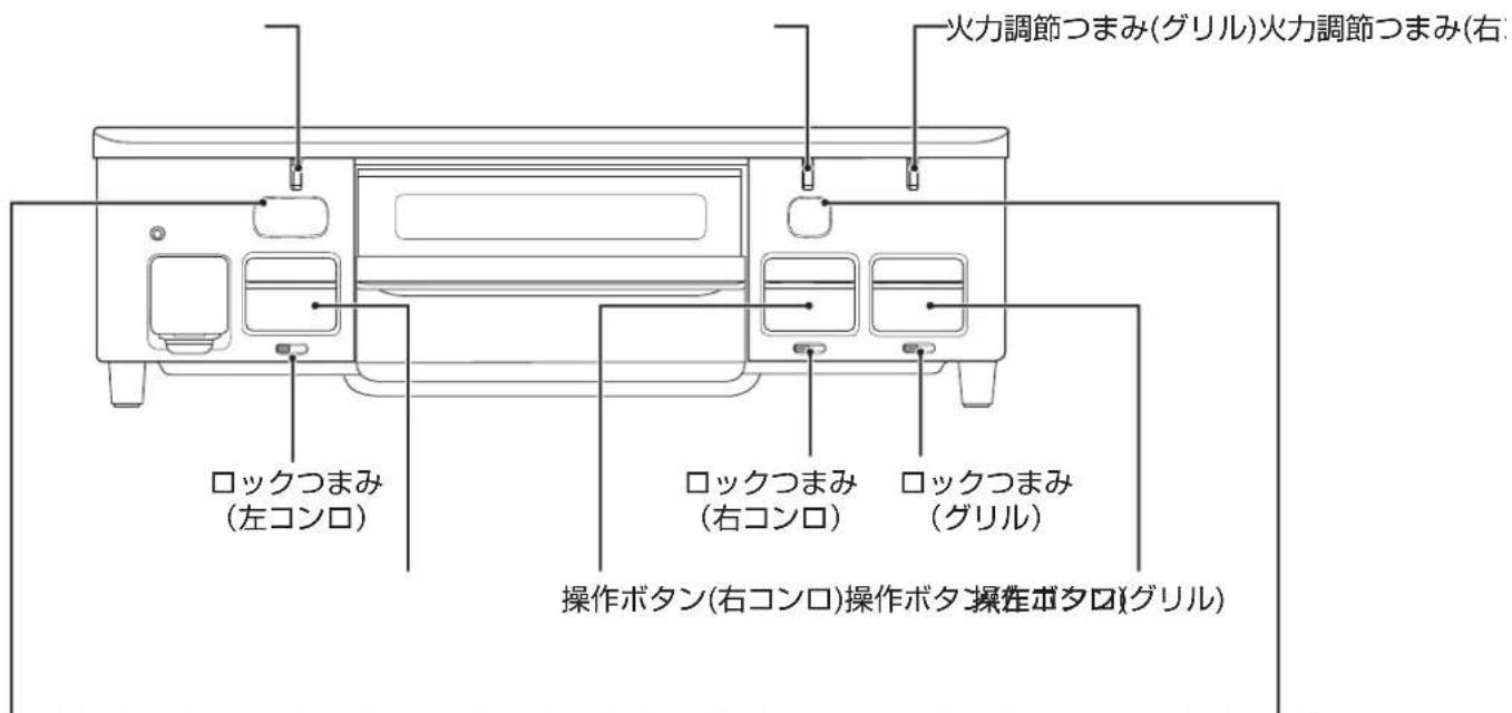 火力調節つまみ(グリル)火力調節つまみ(右) ロックつまみ (左コンロ) ロックつまみ (右コンロ) ロックつまみ (グリル) 操作ボタン(右コンロ)操作ボタ 操作ボタロ(グリル)