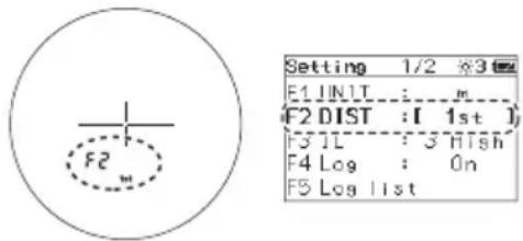 F2 Setting 1/2 %3 F1 UNIT : m F2 DIST : [ 1st ] F3 IL : 3 Hlsh F4 Log : 0n F5 Log list