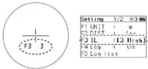 F3 3 Setting 1/2 %3 F1 UNIT : m F2 DIST : ls+ {F3 IL : [3 High]} F4 Log : Un F5 Log list