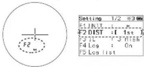 Internt display Ekstern skjerm 1st (Modus for prioritering av F2 DIST: [ 1st ] første mål) Dst (Modus for prioritering av Fjernt mål) 2 DIST: [ Dst ]