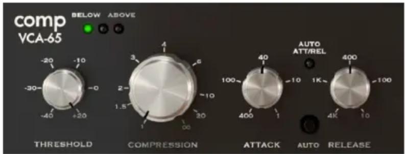 comp VCA-65 BELOW ABOVE -20 -10 -30 -0 -40 +20 THRESHOLD COMPRESSION ATTACK AUTO RELEASE 4 3 6 2 10 1.5 20 1 00 AUTO ATT/REL 40 100 400 1K 4K 10 100 1K 100 4K 10