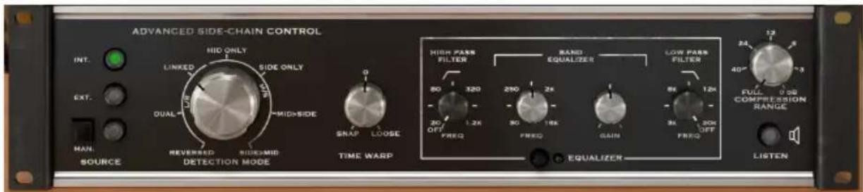 ADVANCED SIDE-CHAIN CONTROL INT. EXT. MAN. SOURCE NID ONLY LINKED SIDE ONLY DUAL MID/SIDE REVERSED SIDE/MID TIME WARP 0 27 SNAP LOOSE HIGH PASS FILTER 80 320 20 OFF FREQ 1.2k FREQ 250 2k 30 15k FREQ 1 GAIN FREQ RAND EQUALIZER LOW PASS FILTER 8k 12k 3k 20k OFF FREQ EQUALIZER LISTEN 24 12 40° 0.56 FULL COMPRESSION RANGE