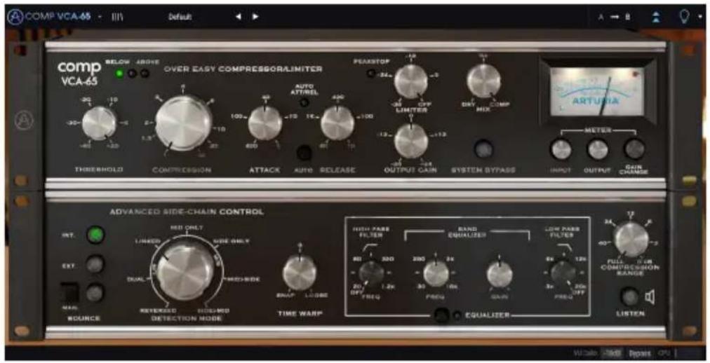 COMP VCA-65 - III Default comp VCA-65 BELOW ABOVE OVER EASY COMPRESSORLIMITER PEASTOP 10 34 CAP LIMITER DAY COMP MIX ARTUMA METER THRESHOLD CONSTRUCTION ATTACK AUTO RELEASE OUTPUT CAIN SYSTEM BYPASS INPUT OUTPUT QUN CHANGE ADVANCED SIDE-CHAIN CONTROL INT. MID ONLY LINKED SIDE ONLY DUAL TIME-SIDE RANGE LIME MAX REVEELED RED/MOD TIME WARP SOURCE DETECTION MODE EQUALIZER EQUALIZER LISTEN HIGH PASE FILTER RAND EQUALIZER LOW PASE FILTER 80 200 24 20 30 16 20 200 24 8x 12x 3x 20x PREQ FREQ W/DCB Shift Reset CPU