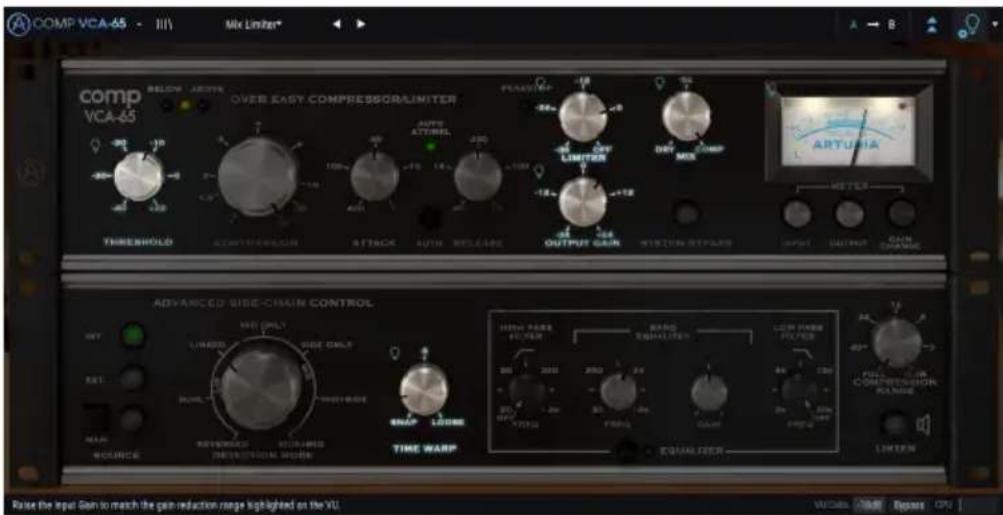 COMP VCA-65 - III Mix Limiter* comp VCA-65 BELOW ABOVE OVER EASY COMPRESSOR/LIMITER PRELIP 100% AVR ATTWER 200% OUT RELEASE 100% OUTPUT GAIN WITCHEN REPAID INPUT OUTPUT GAIN TRANSF ANTUMA METER ADVOLE DISE-CHAIN CONTROL NEW ONLY LIMITED SIDE ONLY RAT RUNS TIME WARP SNAP LOORES HOLD PASE FILTER BAND SIGNALUTER LOOP HABBO FILTER FULL 2.00" COMPRESSOR RANGE RANGE EQUALIZER LINKEN Raise the input Gain to match the pin reduction range highlighted on the VL WiCabs 编辑 输出 OP