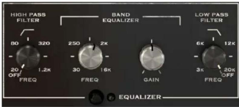 HIGH PASS FILTER 80 320 20 OFF 1.2K FREQ BAND EQUALIZER 250 2k 30 16k FREQ GAIN 6K 12k 3K 20k OFF FREQ LOW PASS FILTER EQUALIZER