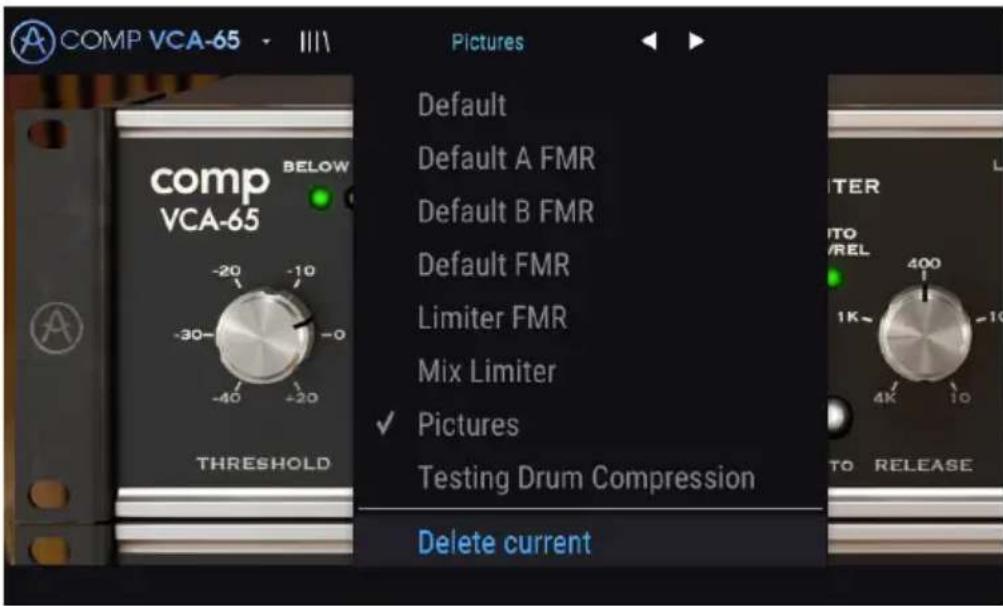 COMP VCA-65 Pictures Default Default A FMR Default B FMR Default FMR Limiter FMR Mix Limiter ✓ Pictures Testing Drum Compression Delete current