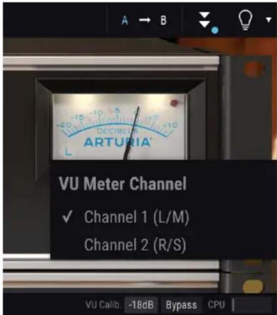 A → B -20 -15 10 5 +7 +10 ARTURIA VU Meter Channel ✓ Channel 1 (L/M) Channel 2 (R/S) VU Calib. -18dB Bypass CPU