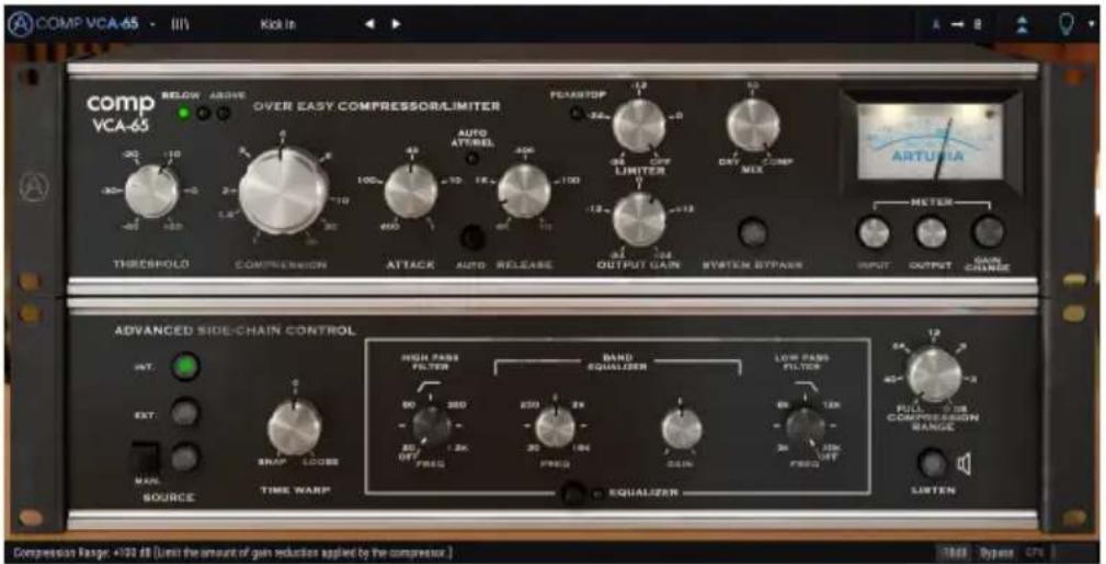 COMP VCA-65 OVER EASY COMPRESSOR/LIMITER THRESHOLD COMPRESSOR ATTACK AUTO RELEASE OUTPUT GAIN R/WITER BYPASS METER AD advanced SIDE-CHAIN CONTROL HIGH PASS FILTER BAND EQUALIZER LOW PASS FILTER FULL COMPRESSION RANGE MAX SOURCE TIME WARP SQUALER LIFTER COMPRESSOR FAGER: +102 dB (Limit the amount of gain reduction applied by the comparator) 3661 0bps 0Hz