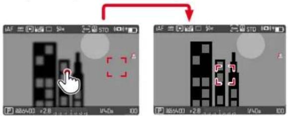 Two grayscale UI screenshots showing a hand cursor clicking a building icon, with red arrows pointing to the right panel.