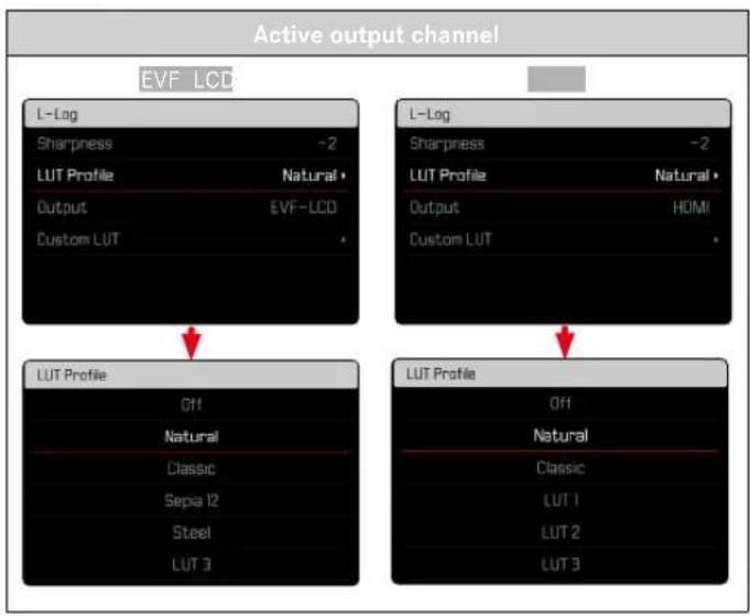 Active output channel EVF LCD L-Log Sharpness -2 LUT Profile Natural • Output EVF-LCD Custom LUT • L-Log Sharpness -2 LUT Profile Natural • Output HDMI Custom LUT • LUT Profile Off Natural Classic Sepa 12 Steel LUT 3 LUT Profile Off Natural Classic LUT 1 LUT 2 LUT 3