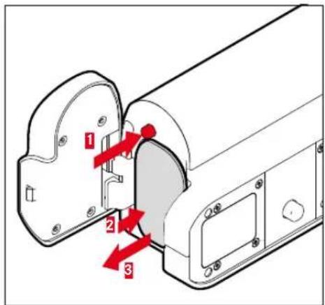 Technical diagram of a mechanical component with numbered parts and red directional arrows indicating assembly or movement.