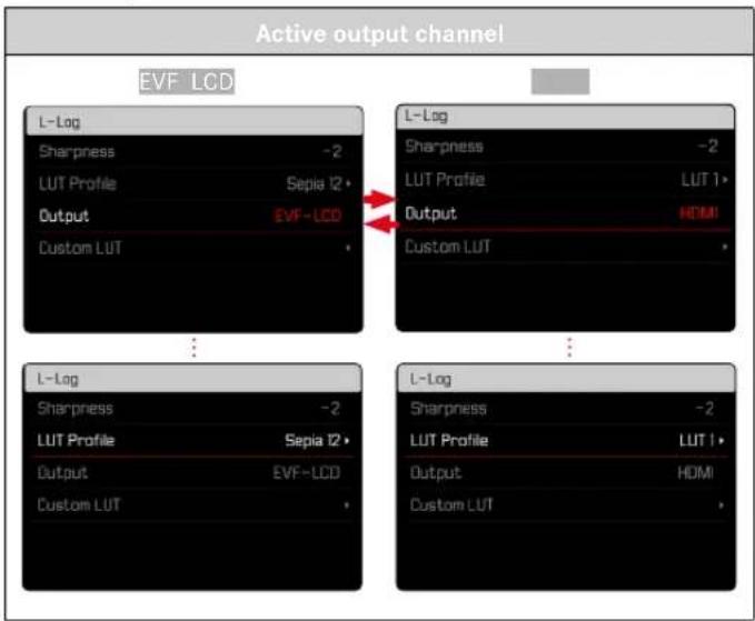 Active output channel EVF LCD L-Log Sharpness -2 LUT Profile Sepia 12 Output EVF-LCD Custom LUT L-Log Sharpness -2 LUT Profile LUT 1 Output HDMI Custom LUT L-Log Sharpness -2 LUT Profile LUT 1 Output HDMI Custom LUT