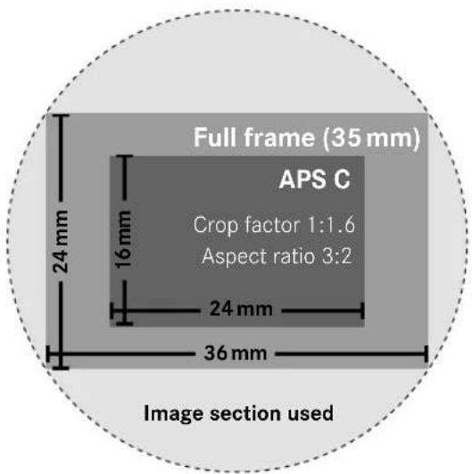Full frame (35 mm) APS C Crop factor 1:1.6 Aspect ratio 3:2 24 mm 16 mm 24 mm 36 mm Image section used