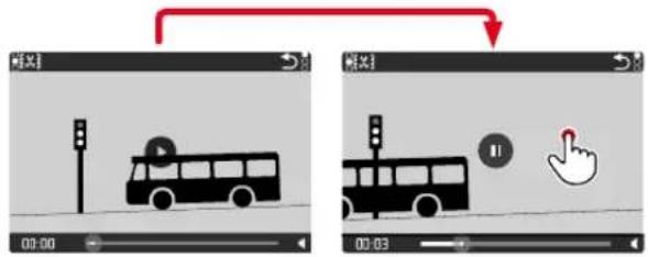 Two video frames showing a bus and a hand cursor interacting with a traffic light, with UI controls and playback buttons visible.