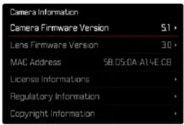 Camera Information Camera Firmware Version 5.1 > Lens Firmware Version 30 > MAC Address 58:05:0A:A14:E:C8 License Informations > Regulatory Information > Copyright Information >