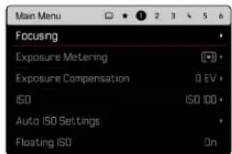 Main Menu Focusing Exposure Metering Exposure Compensation 0 EV ISO ISO 100 Auto ISO Settings Floating ISO On