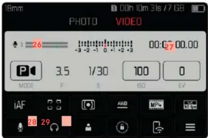 18mm 00h 10m 31s /7 GB PHOTO VIDEO 26 -3 -2 -1 0 +1 -2 +3 00:0~00.00 P 3.5 1/30 100 0 MODE F S ISO EV iAF 28 29 AWB MP4 30 fps