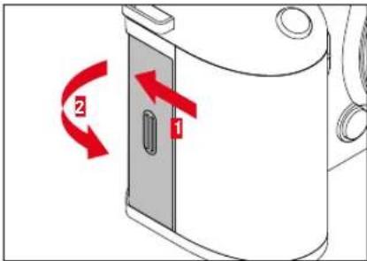 Diagram showing a device with labeled components and red arrows indicating rotational directions (1 and 2)