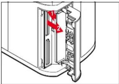 Technical diagram showing a door with labeled components and red arrows indicating flow or movement directions.