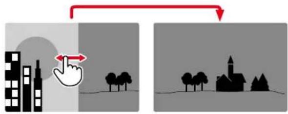 Diagram illustrating visual perception of a building against trees, showing hand cursor pointing at building silhouette and red arrow indicating direction.